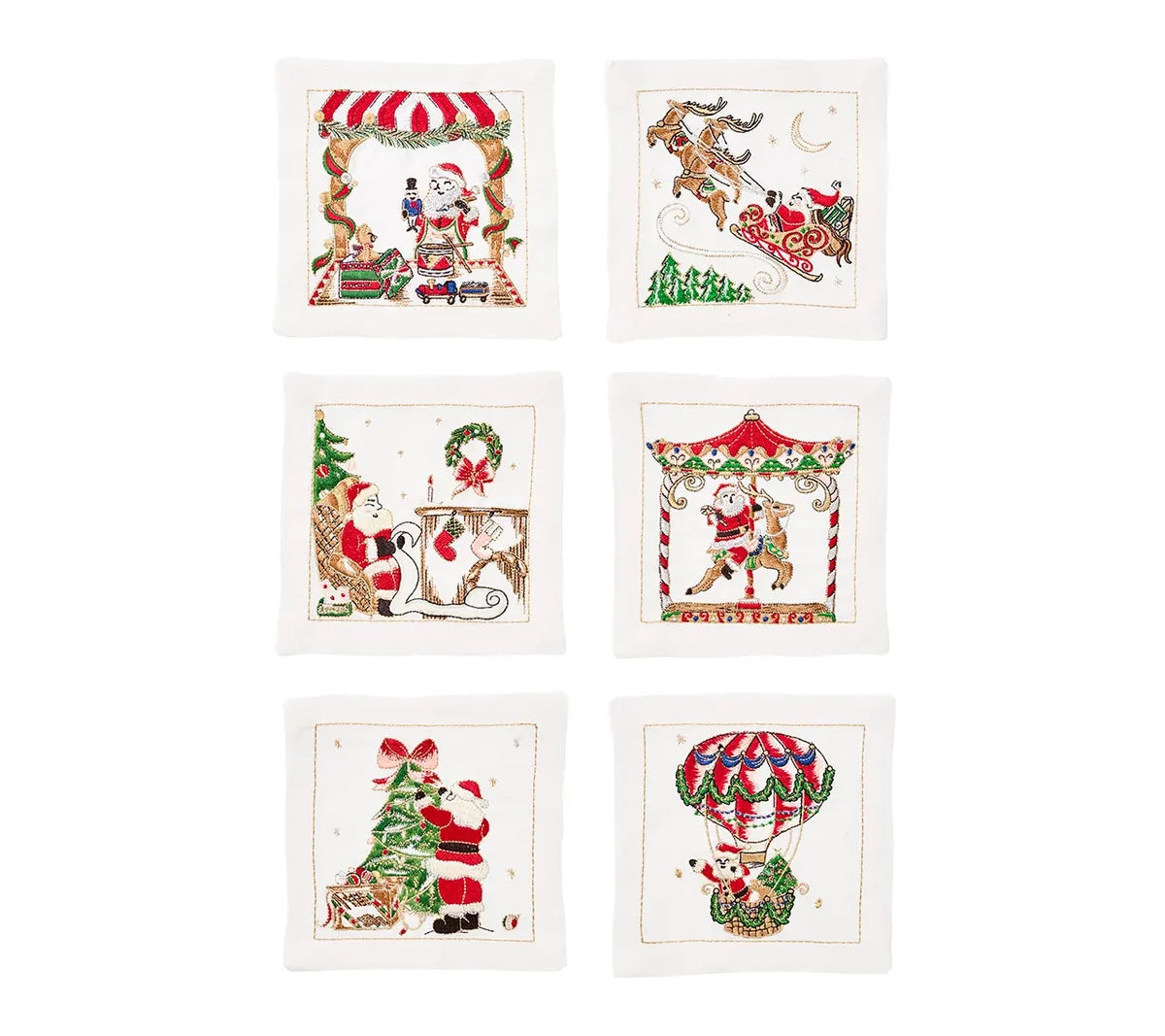 Six white square Kim Seybert Santa Cocktail Napkins, each embroidered with different scenes of Santa Claus including flying a sleigh, decorating a tree, and riding a carousel.