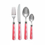 A fork, knife, tablespoon, and teaspoon with pink and white wavy handles from the Addison Ross Wave Flatware Collection are arranged side by side on a white background.