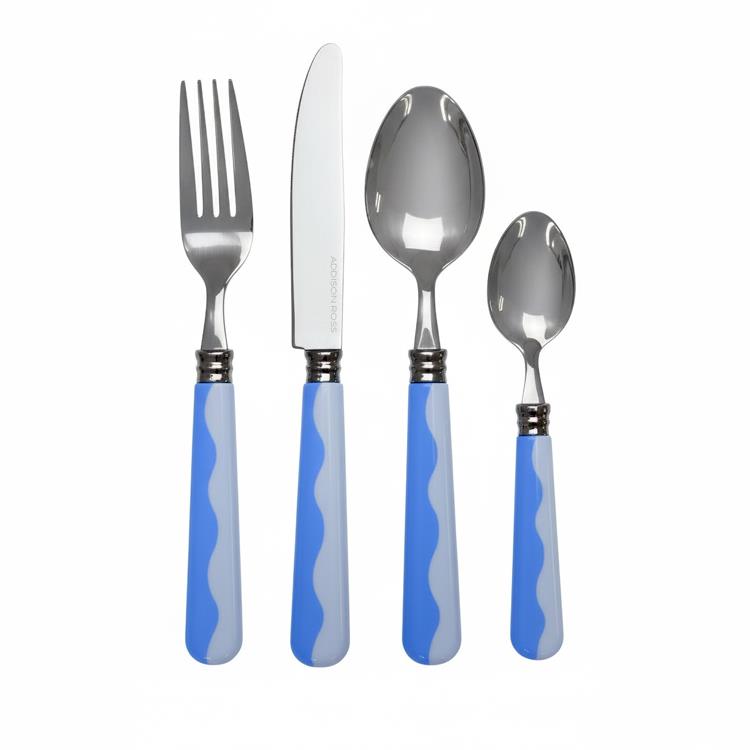 The Addison Ross Wave Flatware Collection showcases blue and gray patterned handles. The set includes a fork, knife, tablespoon, and teaspoon, all presented upright on a white background.