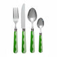 The Addison Ross Wave Flatware Collection includes a fork, knife, tablespoon, and teaspoon with silver tops and green-and-white wavy handles, shown against a white background.