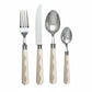 The Addison Ross Wave Flatware Collection features four utensils—a fork, knife, tablespoon, and teaspoon—with cream wavy handles and metallic tops, arranged on a white background. A stylish addition to any 16-piece cutlery set.