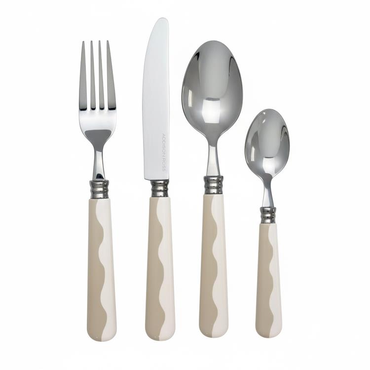 The Addison Ross Wave Flatware Collection features four utensils—a fork, knife, tablespoon, and teaspoon—with cream wavy handles and metallic tops, arranged on a white background. A stylish addition to any 16-piece cutlery set.
