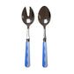 The Addison Ross Wave Salad Server Set—stainless steel fork and spoon with blue and white handles—is displayed side by side on a white background.