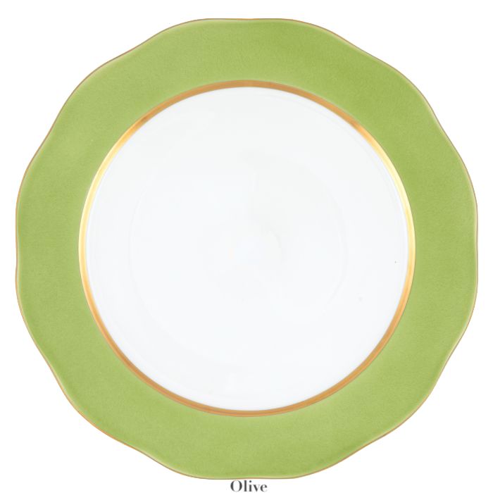 The Herend Silk Ribbons Charger is a handmade porcelain round plate featuring a wavy olive green rim, gold inner band, and white center—ideal for elevating any tabletop setting.