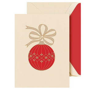 Crane's Quilted Ornament Card Set features a cream Christmas card with an engraved ornament and gold bow, paired with a matching envelope lined in red.