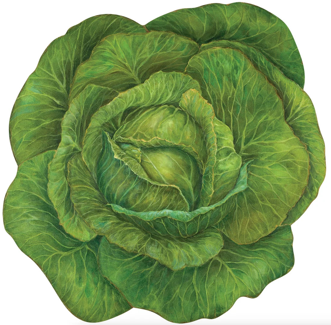 A top-down illustration of a green cabbage with layered, textured leaves—an ideal representation for Hester & Cook’s Die Cut Cabbage Placemats.