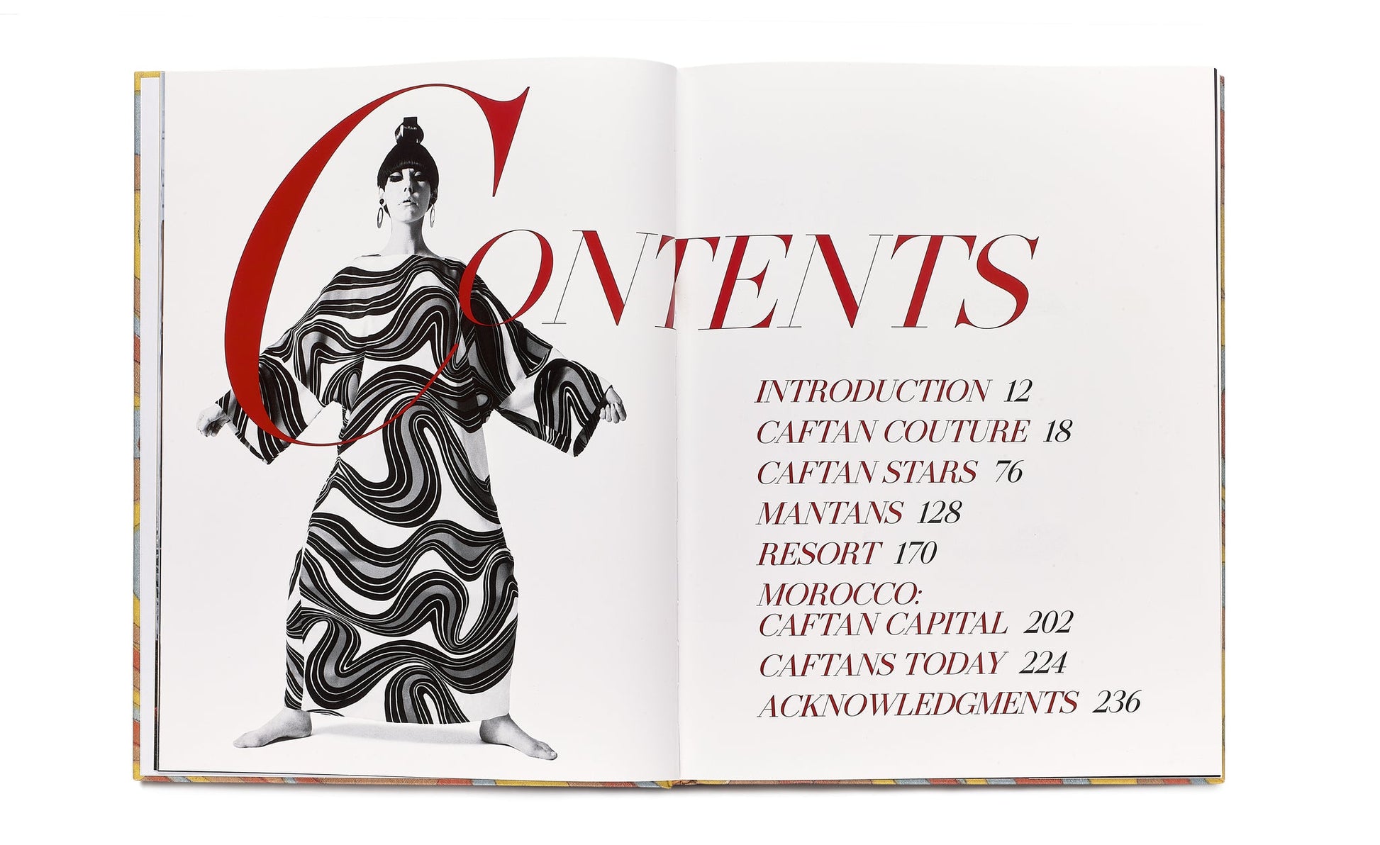 In "Caftans: From Classical to Camp" by Vendome, an open book displays a contents page with a stylized figure in a patterned outfit. Sections include Caftan Couture for elegant fashion, Caftan Stars for iconic looks, and an idyllic Resort collection, all meticulously organized with page numbers.