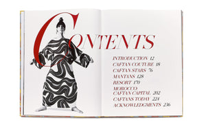 In "Caftans: From Classical to Camp" by Vendome, an open book displays a contents page with a stylized figure in a patterned outfit. Sections include Caftan Couture for elegant fashion, Caftan Stars for iconic looks, and an idyllic Resort collection, all meticulously organized with page numbers.