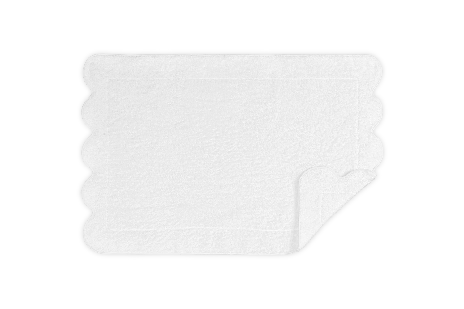 The Matouk Cairo Scallop Bath Collection features a white rectangular luxury bath towel with scalloped edges, shown with one corner folded on a plain white background.