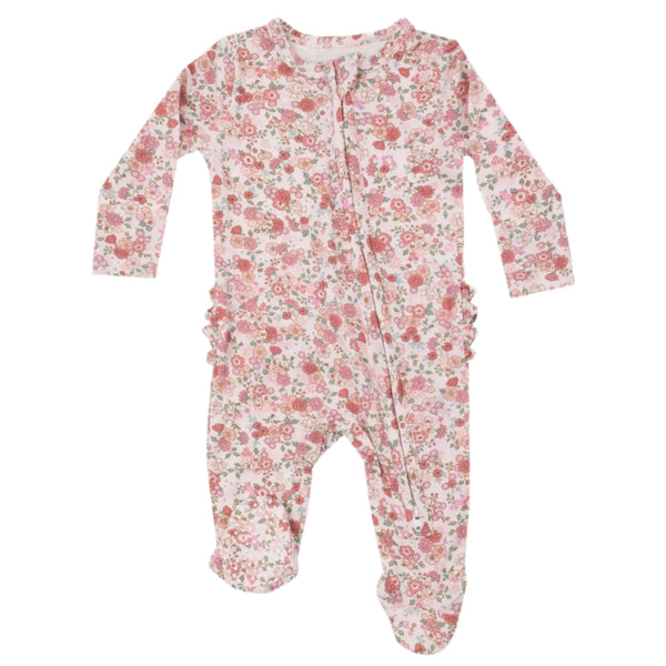 The Angel Dear Pretty Calico Ruffle Back 2-Way Zip Footie, designed by Angel Dear, is a baby sleeper with a floral pattern made from soft bamboo fiber. It features long sleeves and a signature zipper footie design with a convenient front closure.