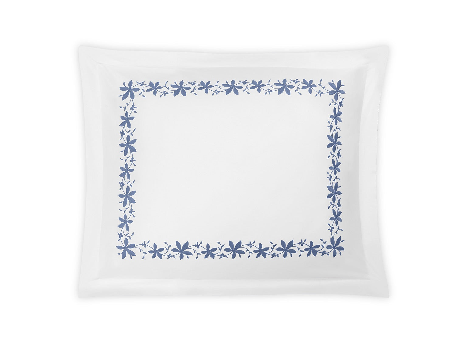 The Callista Bedding Collection by Matouk showcases a white pillowcase made from premium Giza Egyptian cotton, adorned with a rectangular blue floral border and decorative embroidery along the edges, elegantly presented against a plain white background.