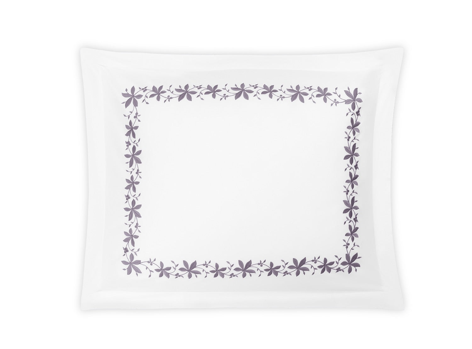 A white rectangular plate with a border of purple floral patterns resembling decorative embroidery from the Matouk Callista Bedding Collection, featuring delicate floral vines, viewed from above against a plain white background.