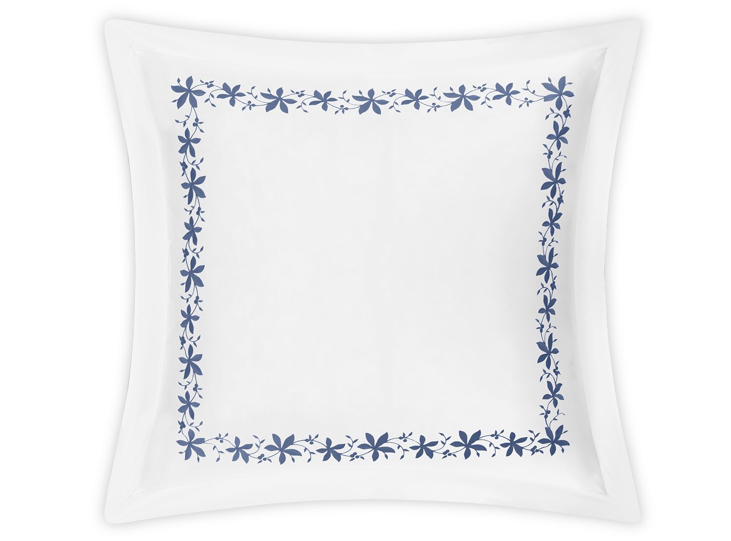 Square white ceramic dish featuring a blue floral border design, echoing Matouk's Callista Bedding Collection in Bluebell.