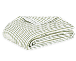Folded Calypso Bedding Collection blanket in Palm by Matouk, featuring green and white stripes with a decorative lace edge. This versatile piece pairs well with Matouk Schumacher pinstripes bedding, shown on a plain white background.