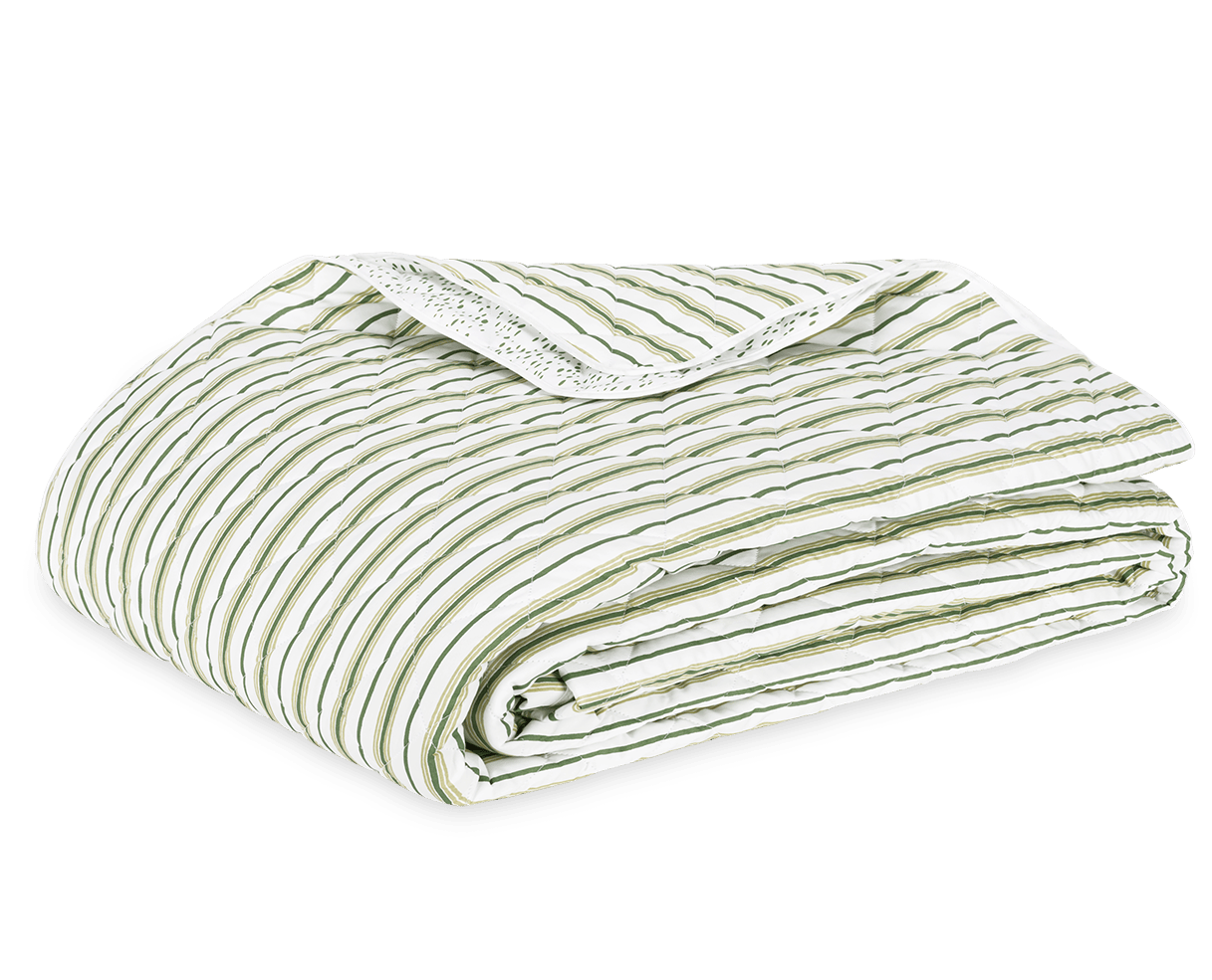 Folded Calypso Bedding Collection blanket in Palm by Matouk, featuring green and white stripes with a decorative lace edge. This versatile piece pairs well with Matouk Schumacher pinstripes bedding, shown on a plain white background.