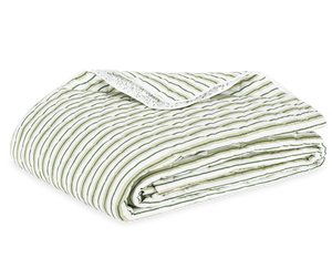Folded Calypso Bedding Collection blanket in Palm by Matouk, featuring green and white stripes with a decorative lace edge. This versatile piece pairs well with Matouk Schumacher pinstripes bedding, shown on a plain white background.