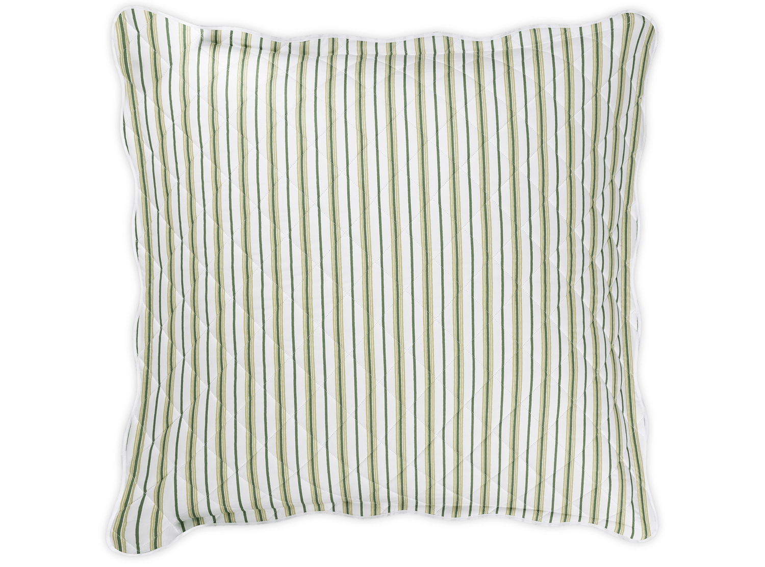 A square pillow from the Matouk Calypso Bedding Collection, Palm, with a white background and vertical green and beige stripes. Features quilted stitching, wavy edges, and layers beautifully with Matouk bedding.