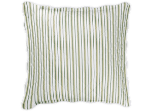 A square pillow from the Matouk Calypso Bedding Collection, Palm, with a white background and vertical green and beige stripes. Features quilted stitching, wavy edges, and layers beautifully with Matouk bedding.