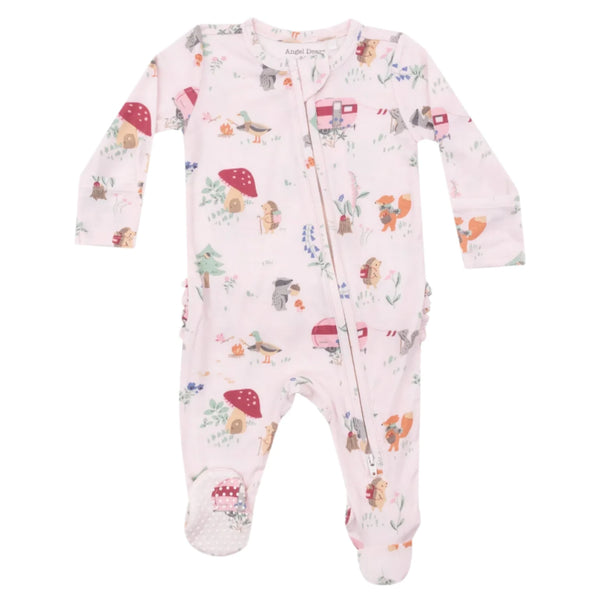 The Angel Dear Cute Animal Campers 2-Way Zip Ruffle Back Footie is a pink baby onesie made from soft bamboo fiber fabric, adorned with forest-themed illustrations of animals and trees. It features a convenient zipper footie running diagonally from neck to left leg and includes fold-over cuffs for added comfort.