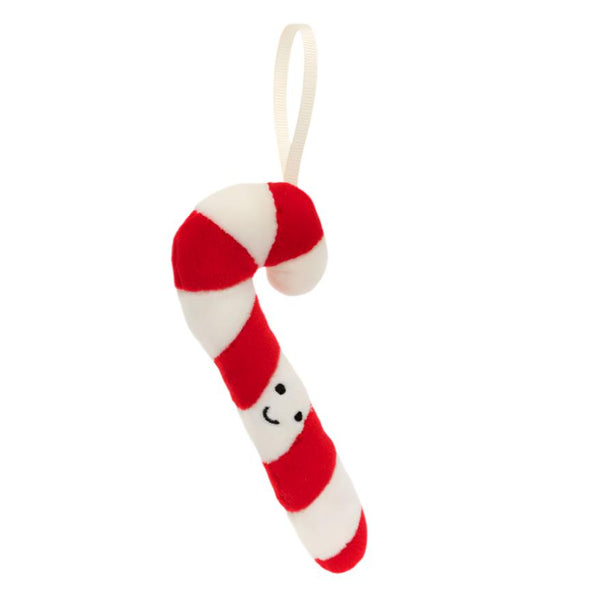 The Jellycat Festive Folly Candy Cane, designed by Jellycat, features plush stripes of strawberry and vanilla with a cheerful smiling face, making it an ideal addition to any festive celebration. It hangs delightfully from its loop.