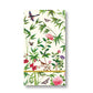 Caspari's Chinese Silk Ivory Collection napkin is a rectangular, eco-friendly piece featuring a floral and bamboo print with pink and purple flowers, green leaves, butterflies, and birds on a cream background.