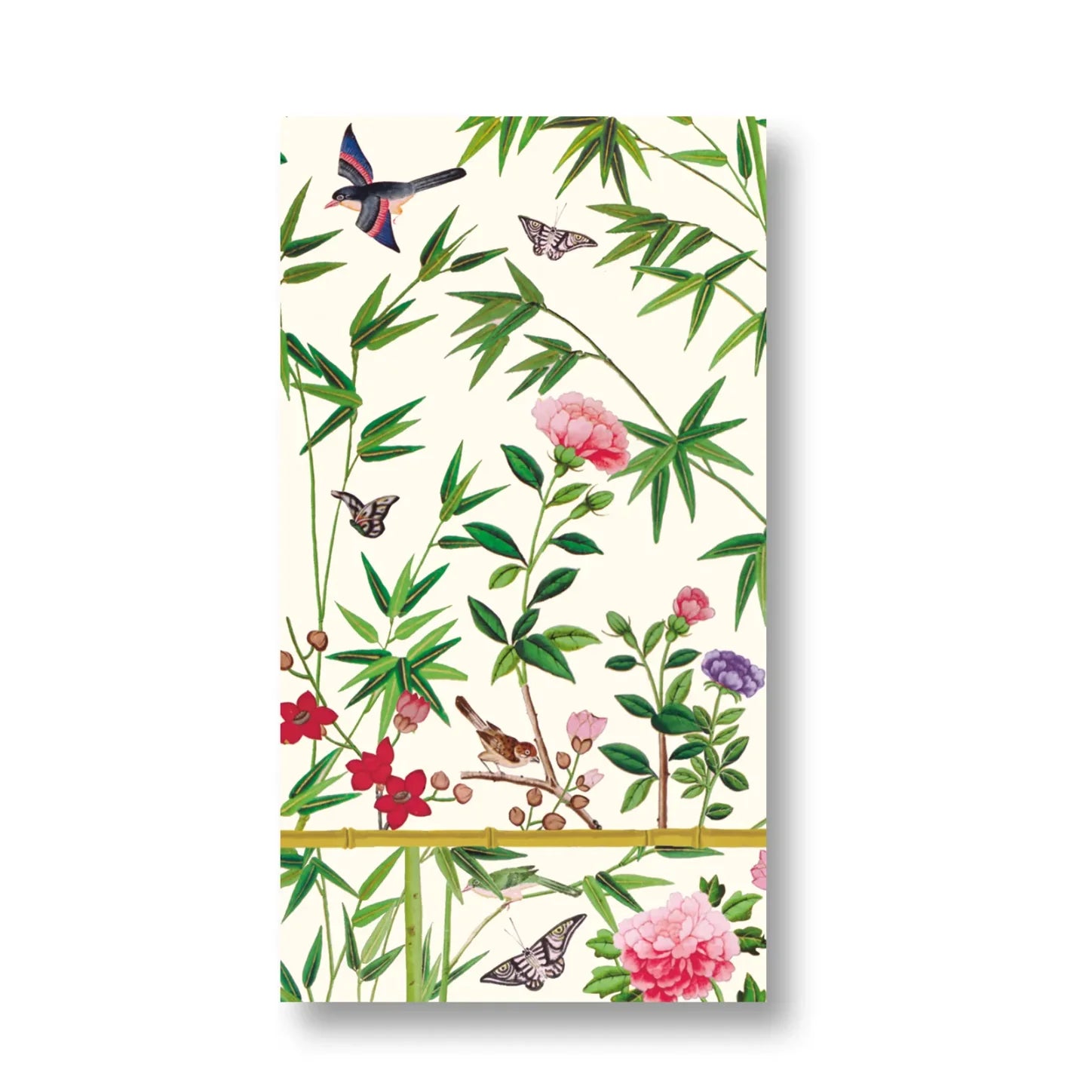 Caspari's Chinese Silk Ivory Collection napkin is a rectangular, eco-friendly piece featuring a floral and bamboo print with pink and purple flowers, green leaves, butterflies, and birds on a cream background.