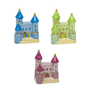 Three Herend Castle ceramic figurines in blue, green, and pink with gold accents and hand-painted designs by Herend, inspired by Herend porcelain, are displayed on a white background.