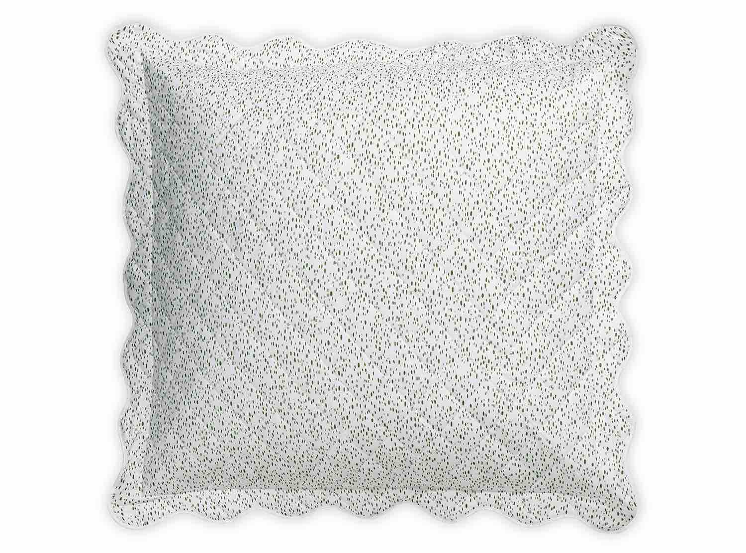 The Celine Bedding Collection Grass square pillow by Matouk features a white background with light green and blue dots, an embroidered scalloped edge, and is crafted from OEKO-TEX certified Egyptian cotton percale.