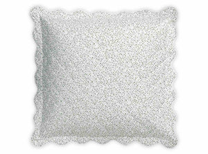 The Celine Bedding Collection Grass square pillow by Matouk features a white background with light green and blue dots, an embroidered scalloped edge, and is crafted from OEKO-TEX certified Egyptian cotton percale.