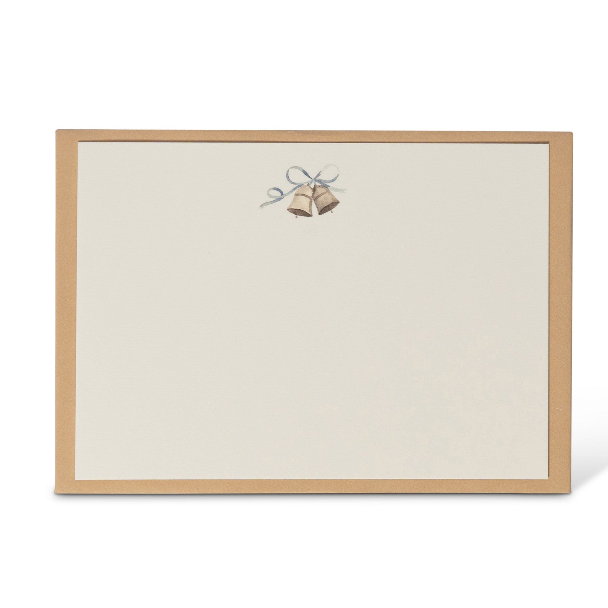 The Chic Gift Hamper by Sharland England features a cream card with a brown border and gold bells tied with a blue ribbon—an elegant touch, ideal for pairing with artisanal gifts in this thoughtful hamper.