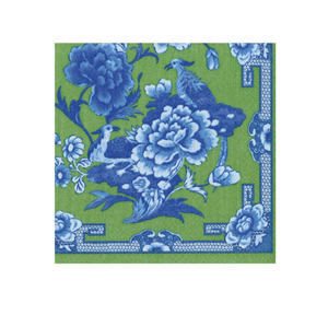 The Caspari Chinoiserie Collection napkin is a green, triple-ply option with blue floral and bird designs, featuring peonies and borders—an elegant, eco-friendly choice for any occasion.