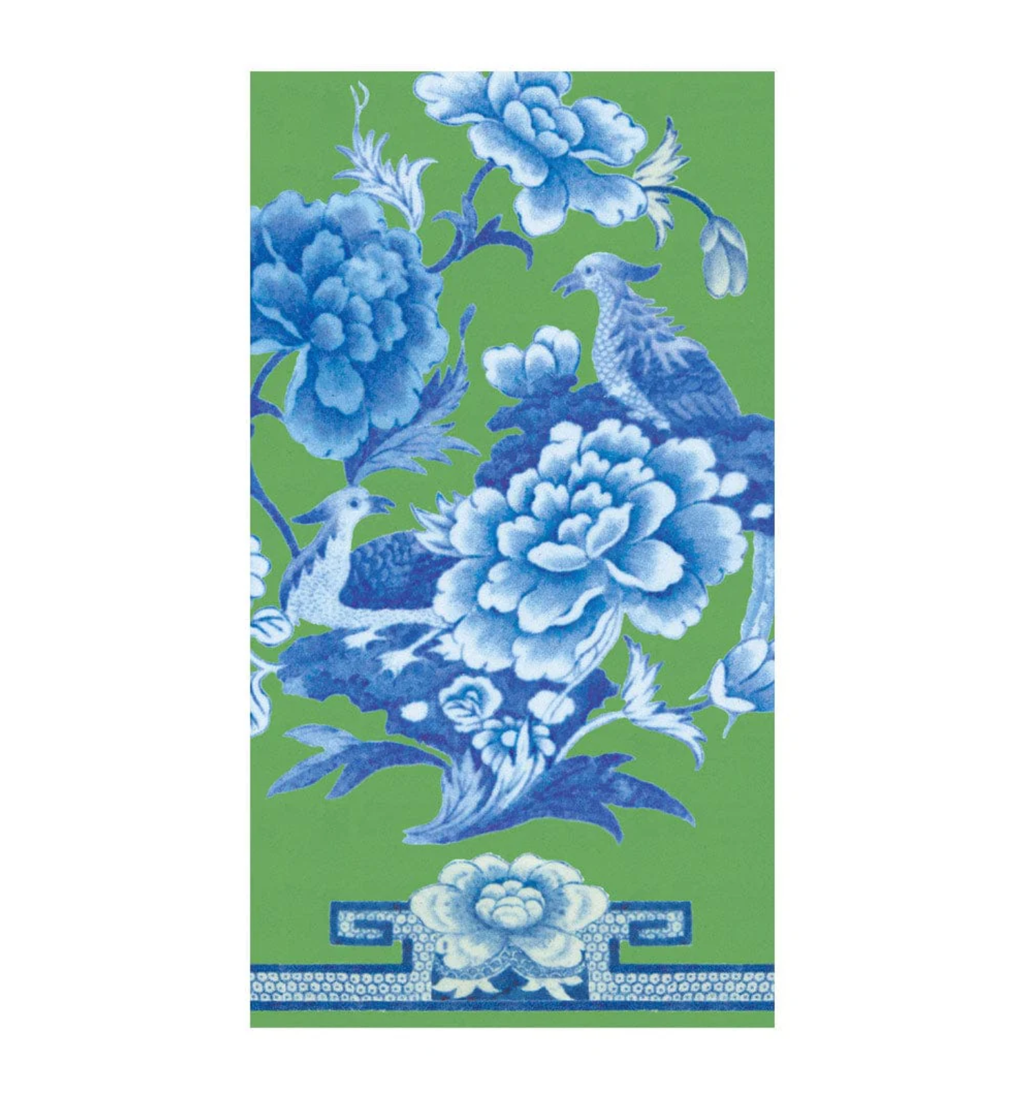 The Caspari Chinoiserie Collection features a rectangular panel of blue flowers and two birds on green with decorative bottom borders, ideal for eco-friendly napkins.