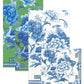 Set of three Chinoiserie Collection cards by Caspari, each with unique blue floral and bird designs on green, white, and off-white backgrounds—reflecting the charm of eco-friendly Caspari napkin patterns.