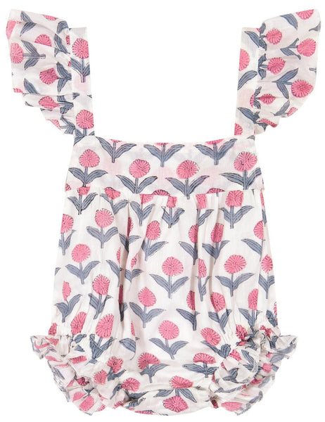 Baby girl's floral romper with ruffled sleeves and elastic leg openings, featuring a pink and blue flower print on a light background - Mer Baby Girl Chloe Romper by Mer St Barth.