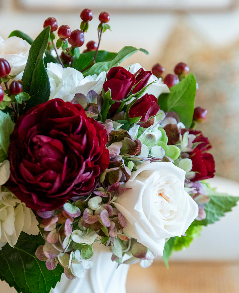 The Hive Floral Studio Live Classic Holiday Floral Arrangement features dark red and white roses, white hydrangeas, green leaves, and red berries in a ceramic cachepot—perfect as a festive holiday centerpiece.