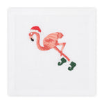 A festive pink flamingo in a Santa hat and green boots decorates this white linen napkin, perfect to pair with the Haute Home Christmas Flamingo Coaster Set for a cheerful holiday table.