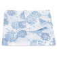 Folded white bedding from the Tillett x Matouk Chrysanthemum Collection in blue, featuring a blue floral motif by Matouk, displayed on a plain white background.
