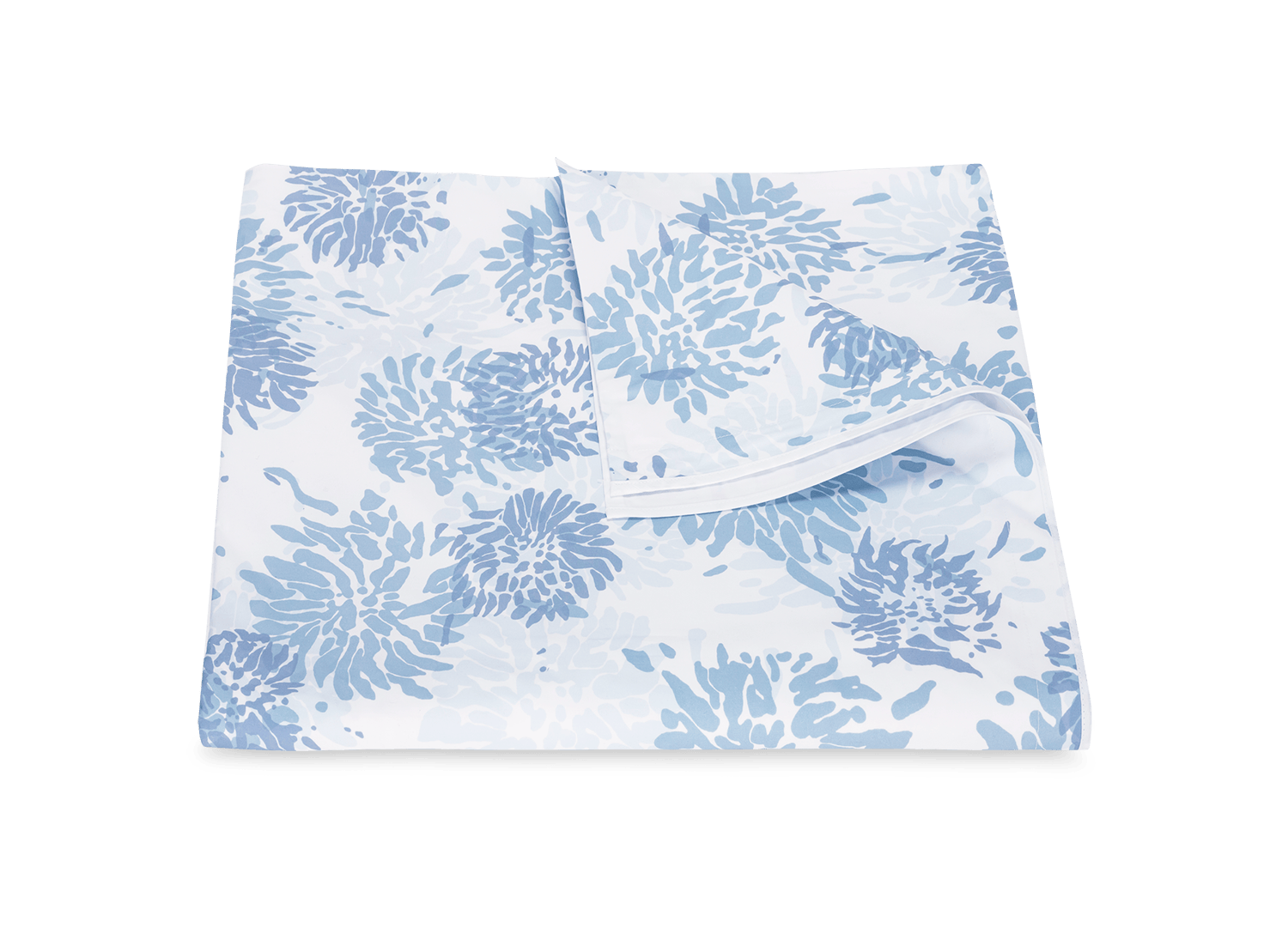 Folded white bedding from the Tillett x Matouk Chrysanthemum Collection in blue, featuring a blue floral motif by Matouk, displayed on a plain white background.