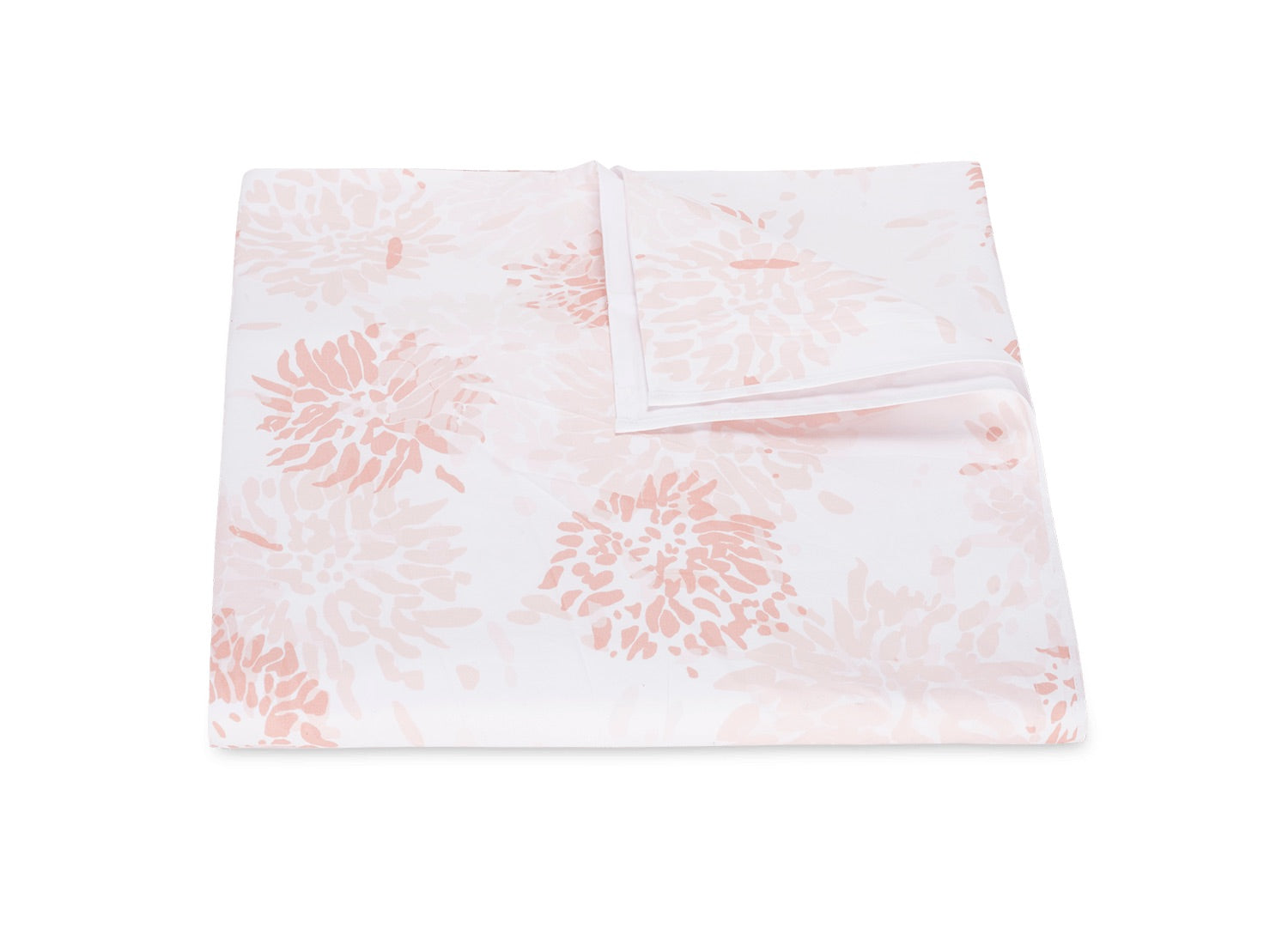 A folded white bed sheet from the Tillett Chrysanthemum Bedding Collection by Matouk, featuring a light pink chrysanthemum floral pattern and crafted from luxurious Luca percale, displayed on a white background.