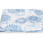 The Tillett x Matouk Chrysanthemum Bedding Collection in blue by Matouk features a neatly folded white sheet with a blue chrysanthemum floral motif, inspired by Tillett Textiles and shown on a white background.