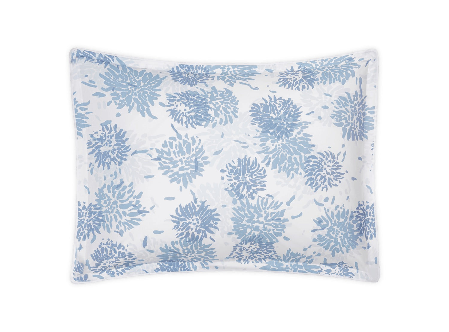 Square pillow with a white background from the Matouk Tillett x Matouk Chrysanthemum Bedding Collection in Blue, featuring a blue and light blue chrysanthemum floral motif.