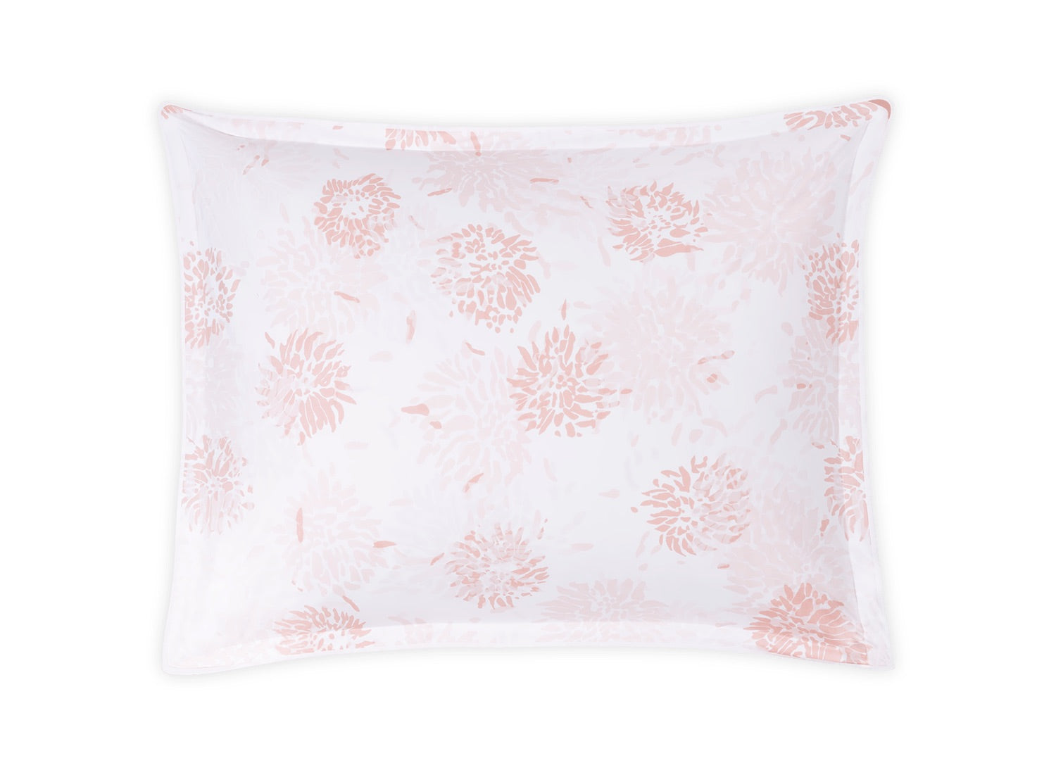 Square pillowcase from the Tillett Chrysanthemum Bedding Collection by Matouk, featuring a light pink chrysanthemum floral motif on a white background, viewed from above. Inspired by the timeless elegance of Tillett Textiles.