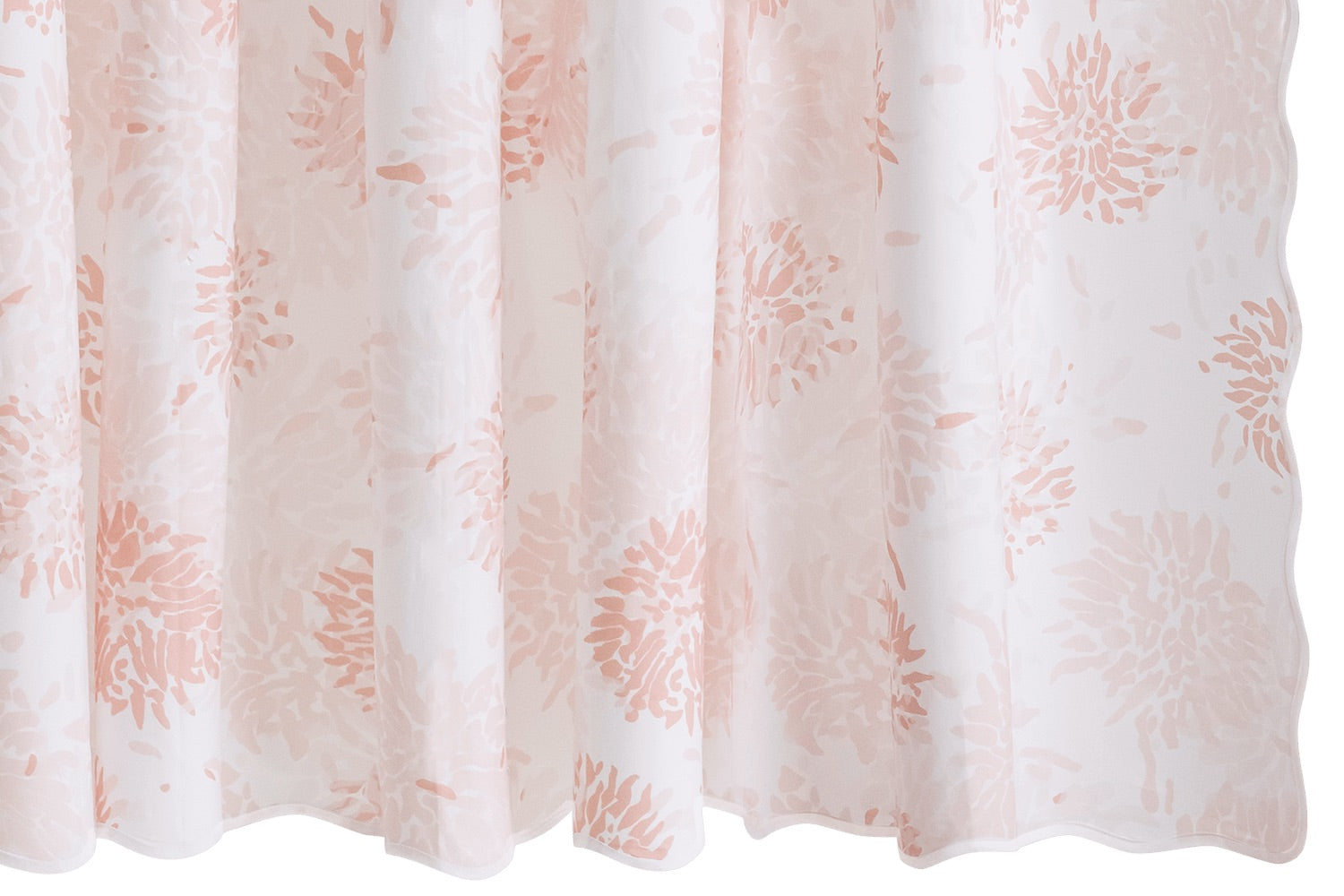 The Matouk Chrysanthemum Shower Curtain Collection features semi-sheer white curtains with a light pink floral motif, Tillett-inspired style, soft folds, and scalloped bottom edges.