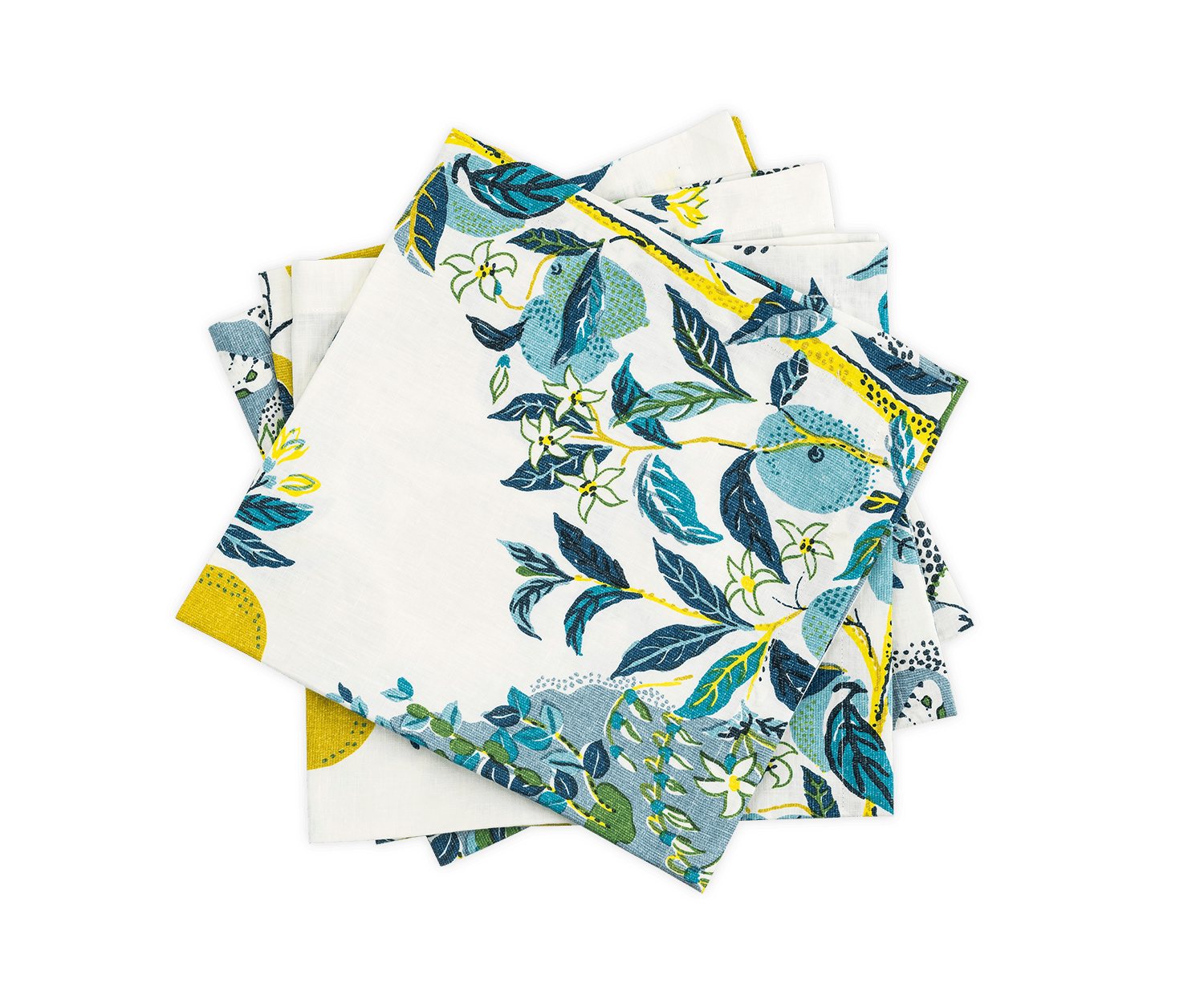 A stack of folded cloth napkins from Matouk's Citrus Garden Pool Collection, featuring a blue, green, and yellow botanical print with leaves and fruits on white—perfect to pair with a linen tablecloth.