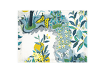 A folded fabric napkin from the Citrus Garden Pool Collection by Matouk, featuring a botanical and butterfly print in blue, green, yellow, and white inspired by Josef Frank’s designs.