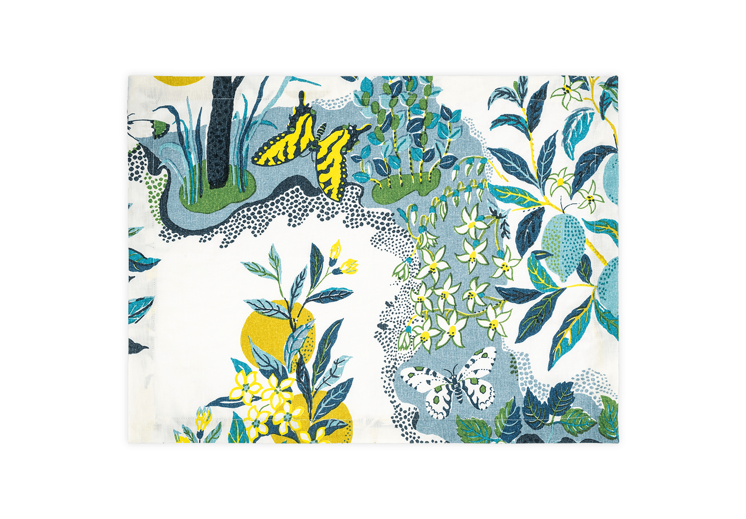 A folded fabric napkin from the Citrus Garden Pool Collection by Matouk, featuring a botanical and butterfly print in blue, green, yellow, and white inspired by Josef Frank’s designs.