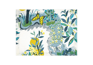 A folded fabric napkin from the Citrus Garden Pool Collection by Matouk, featuring a botanical and butterfly print in blue, green, yellow, and white inspired by Josef Frank’s designs.