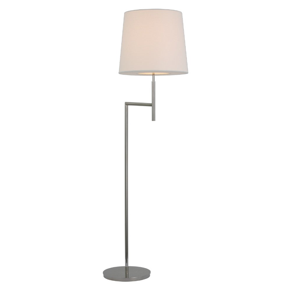 The Clarion Bridge Arm Floor Lamp by Visual Comfort features a polished nickel metal base, angled arm, and a round white linen shade—offering perfect height for any space.