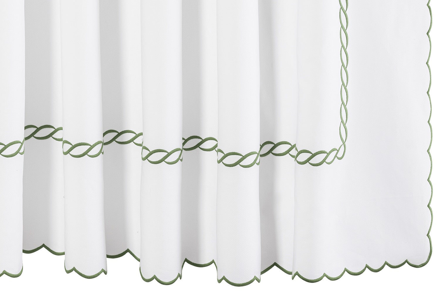 Elevate your bathroom with the Classic Chain Scallop Shower Curtain Collection by Matouk, featuring elegant white fabric with scalloped edges and a green embroidered Greek key motif chain along the border.