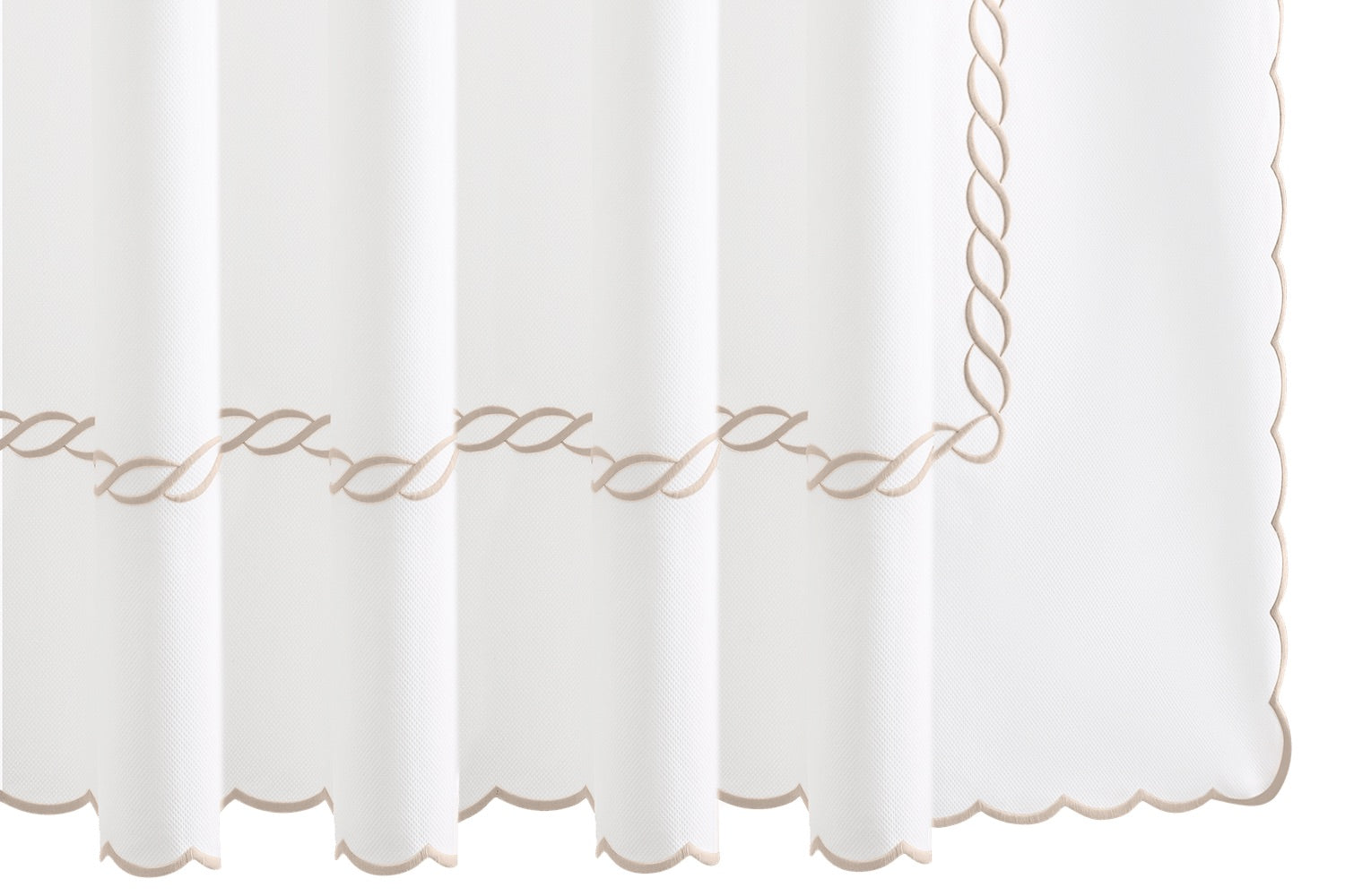 Experience timeless elegance with the Matouk Classic Chain Scallop Shower Curtain Collection, featuring a white curtain adorned with beige chain embroidery in a wavy line pattern near the scalloped hem—perfect for elevating any bathroom décor.